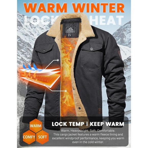Mens Dark Grey AI Winter Sherpa Lined Jacket Warm Trucker Coat Multi Pocket - Picture 2 of 7
